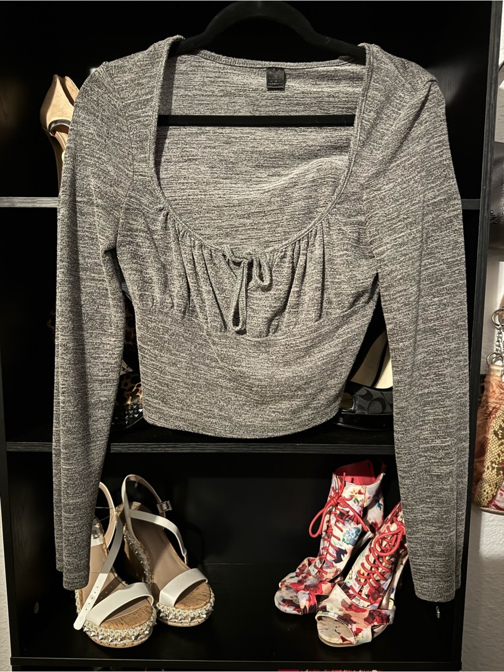 SHEIN Gray Marled Long Sleeve Scoop-Neck Top with Front Tie